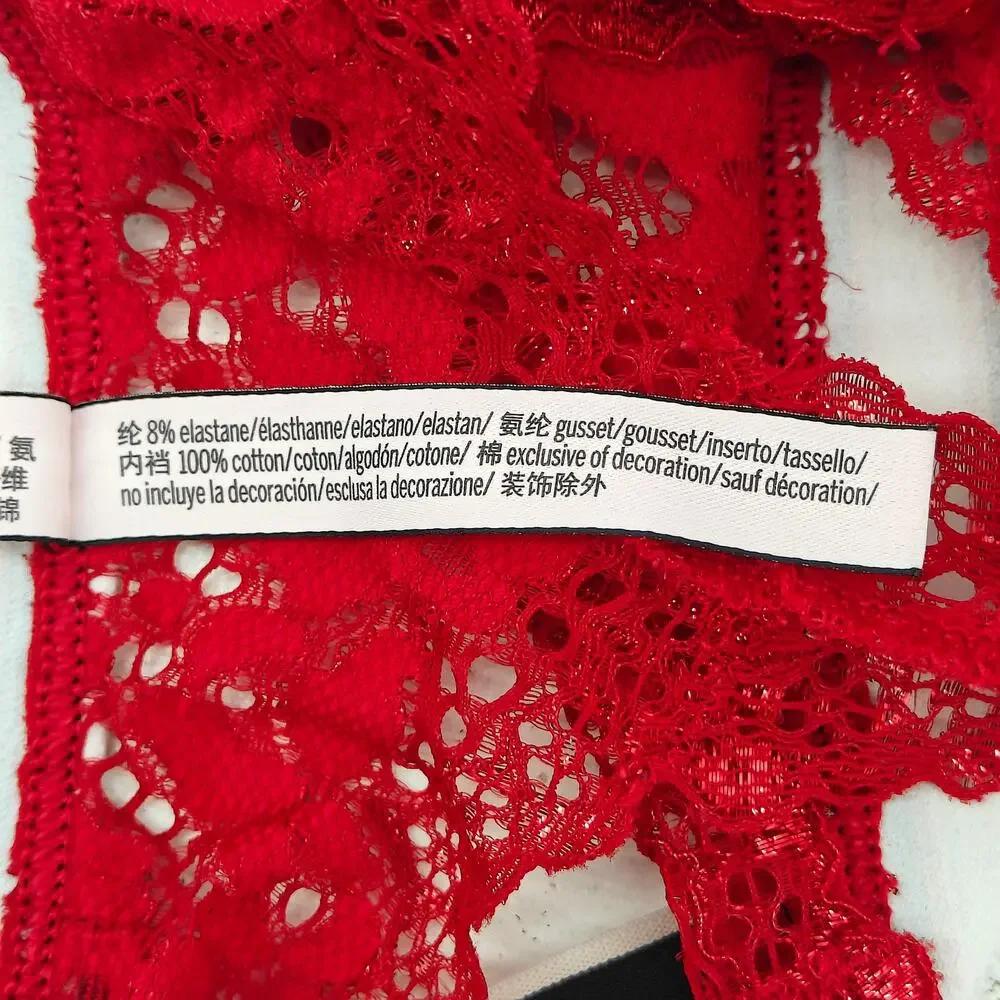 Victoria Secret Body by Red Shiny Lace Thong Panty Wide Stripe Waist Women Large